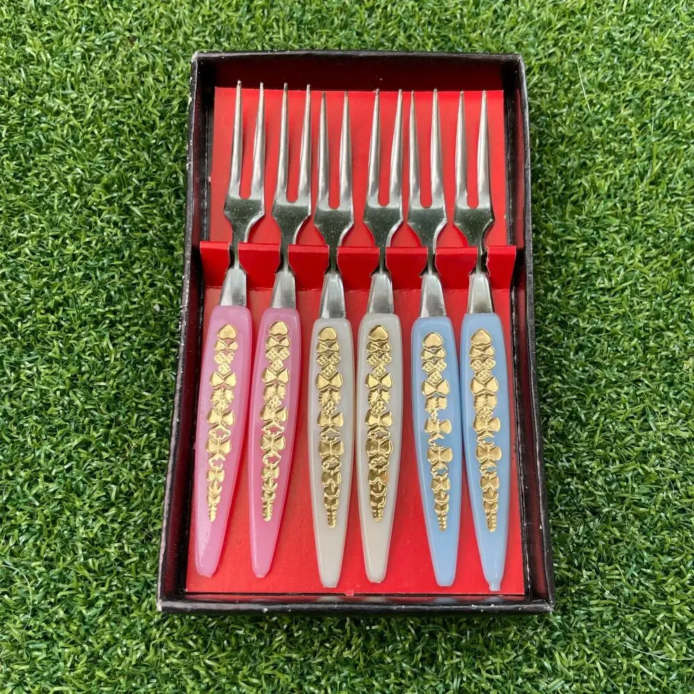 Vintage Mid Century Stainless Acrylic Handle Cocktail Fork Set 6
